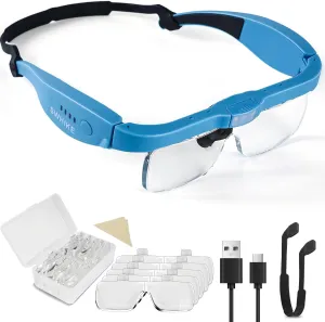 Magnifying Glass with Light Hands Free, Rechargeable Magnifying Glasses Headset with 5 Detachable Lenses Magnifier for Close Work, Reading, Jewelry Making Crafts (Blue)