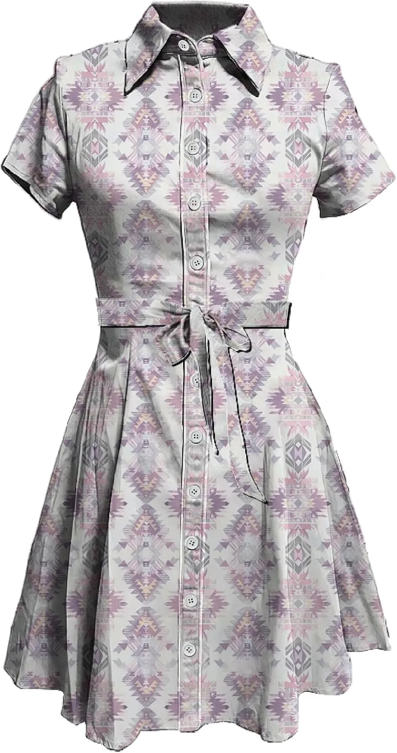 MARSVOVO Vintage Retro Shirt Dress for Women Short Sleeve Button Down Tie Waist Elegant Smocked Knee Length Dress
