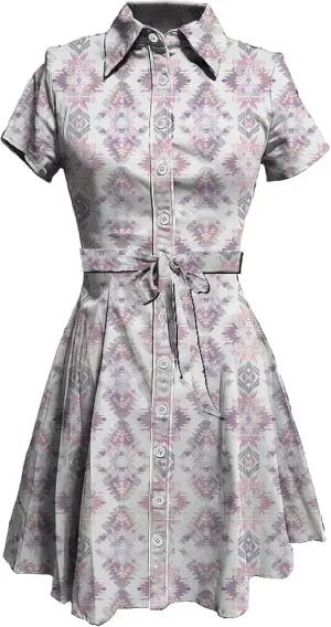 MARSVOVO Vintage Retro Shirt Dress for Women Short Sleeve Button Down Tie Waist Elegant Smocked Knee Length Dress