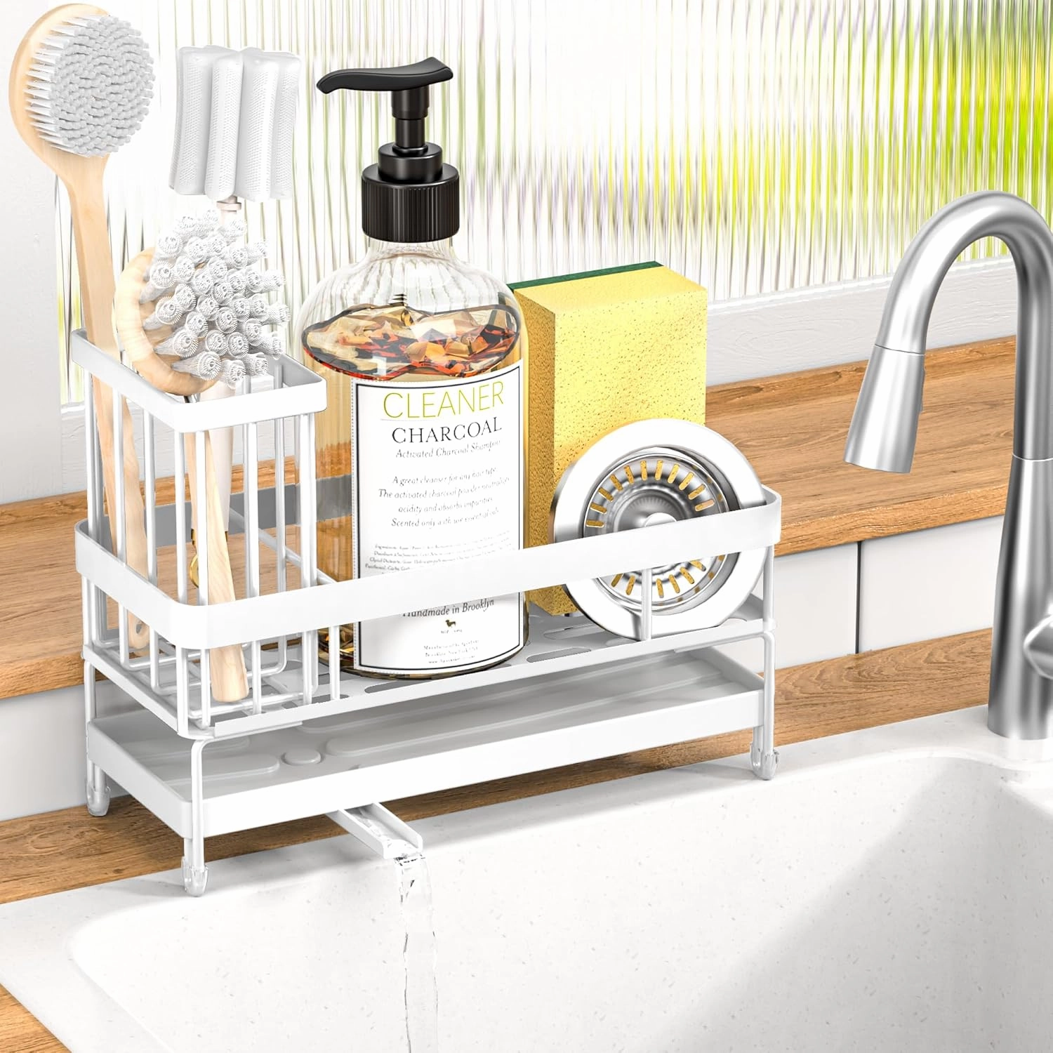 masadi Sink Organizer Caddy Countertop for Kitchen, White Dish Sponge Holders, Instant Dry Brush Holders, Kitchen Storage Organziation Essentials and Decor