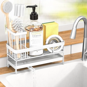 masadi Sink Organizer Caddy Countertop for Kitchen, White Dish Sponge Holders, Instant Dry Brush Holders, Kitchen Storage Organziation Essentials and Decor