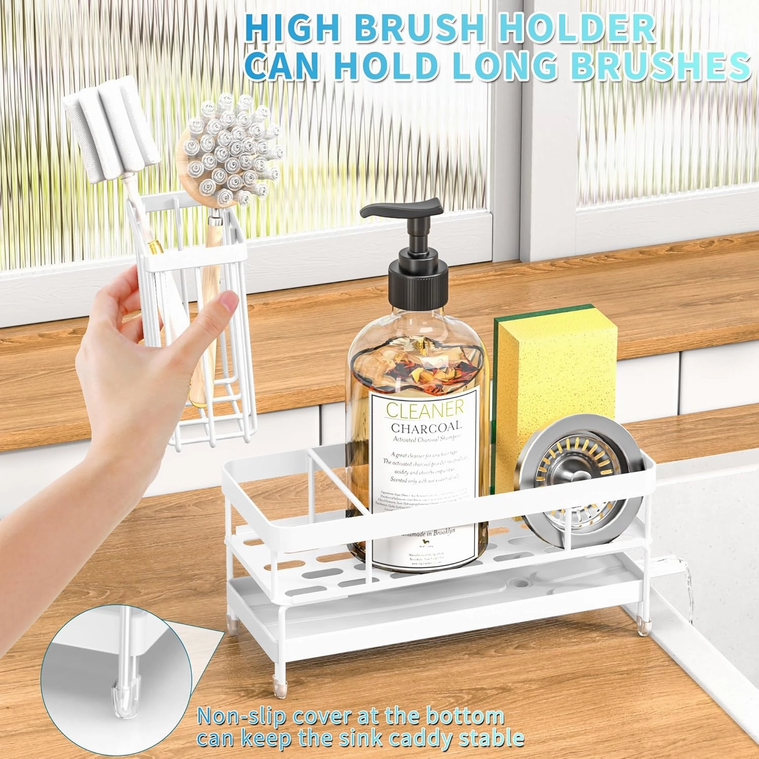 masadi Sink Organizer Caddy Countertop for Kitchen, White Dish Sponge Holders, Instant Dry Brush Holders, Kitchen Storage Organziation Essentials and Decor