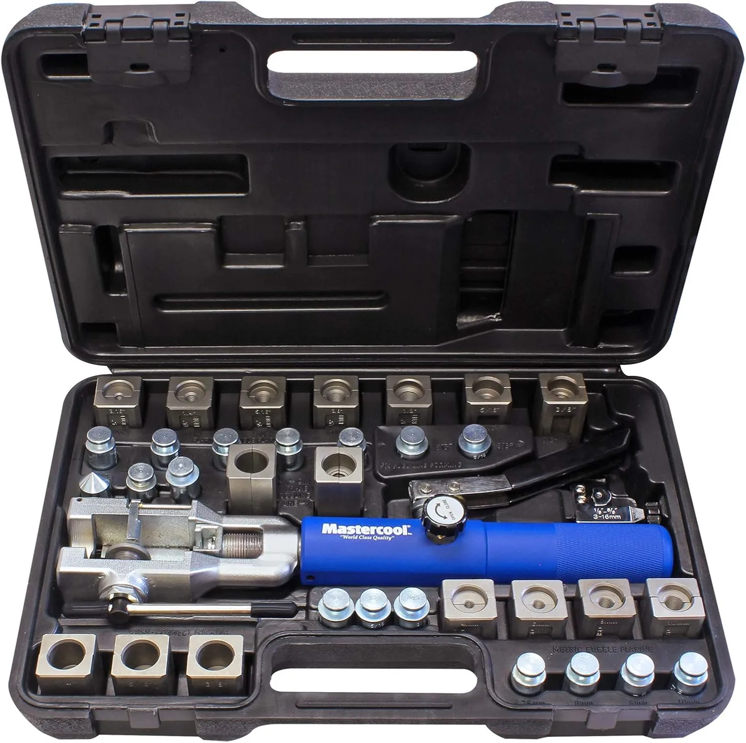 Mastercool 72485-PRC Universal Hydraulic Flaring Tool – 45° Double & Single Flares, Push Connect, GM Fuel Line, Brake Line & GM Transmission Cooling – Includes Hydraulic Ram & Mini Tube Cutter