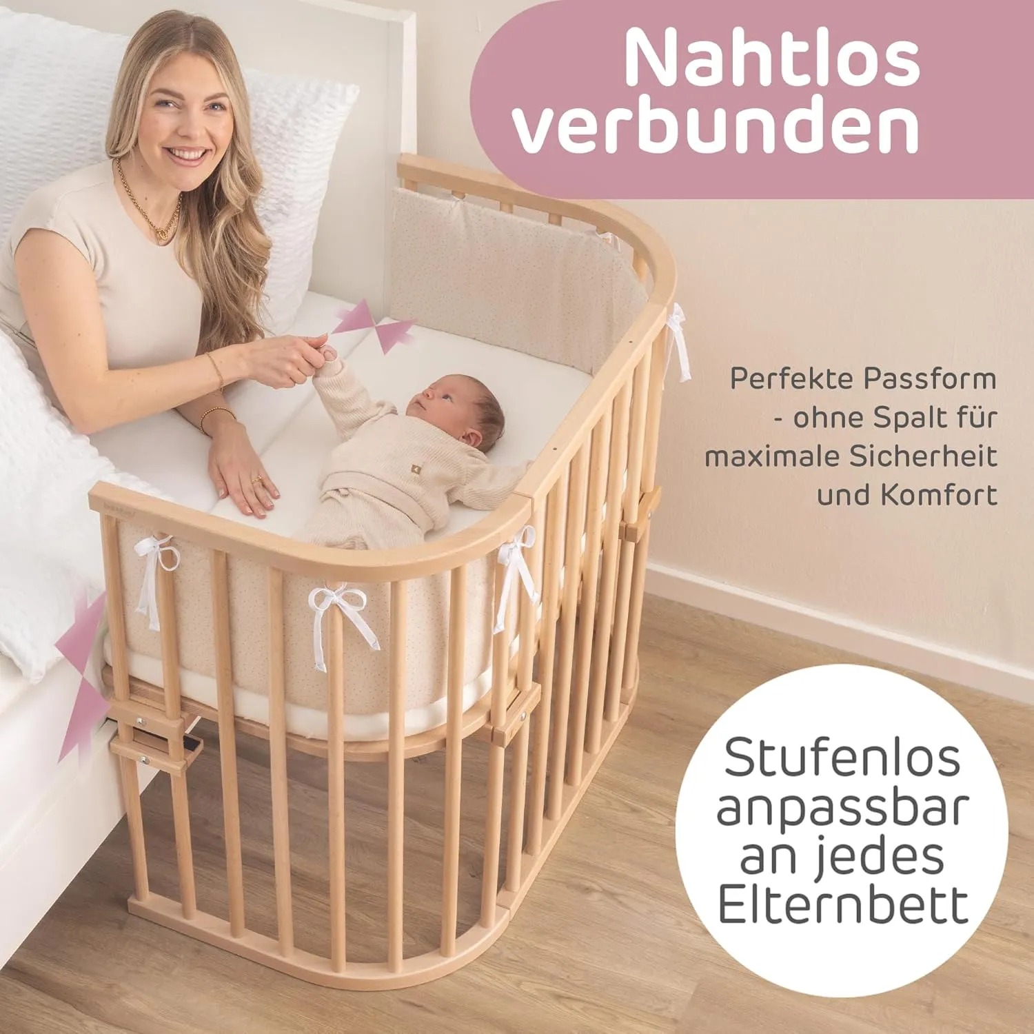 Maxi Extra Large Side Bed Made of Solid Beech Wood/Children's Bed Height Fully Adjustable & Environmentally Friendly/with Mattress, Grid, Wheels (Natural Varnish)