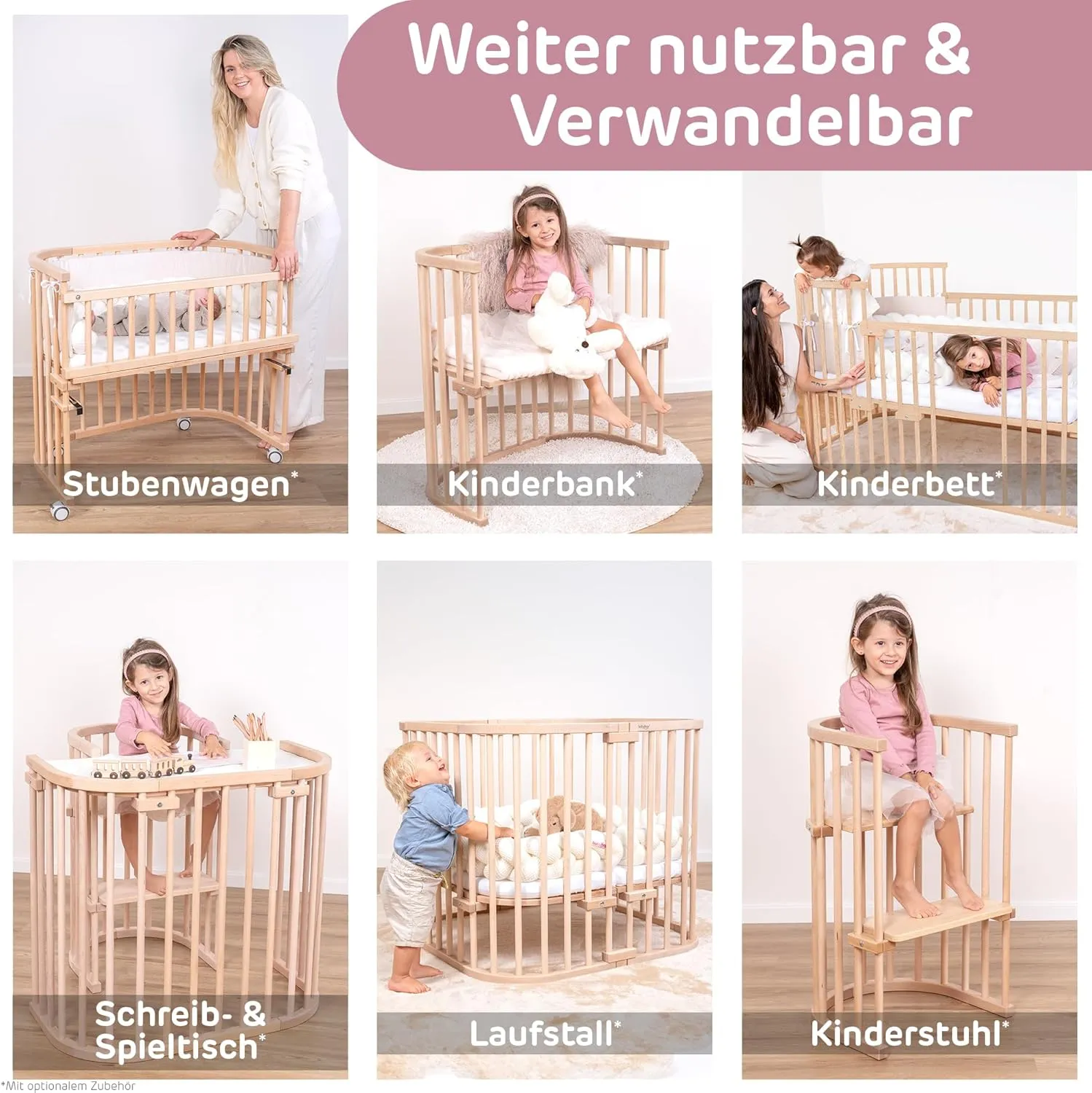 Maxi Extra Large Side Bed Made of Solid Beech Wood/Children's Bed Height Fully Adjustable & Environmentally Friendly/with Mattress, Grid, Wheels (Natural Varnish)