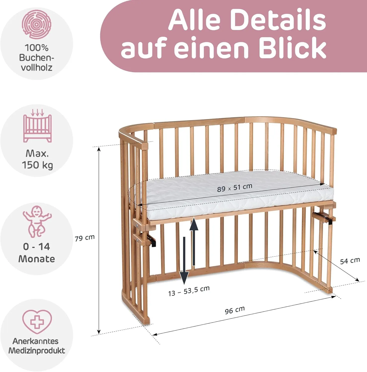 Maxi Extra Large Side Bed Made of Solid Beech Wood/Children's Bed Height Fully Adjustable & Environmentally Friendly/with Mattress, Grid, Wheels (Natural Varnish)