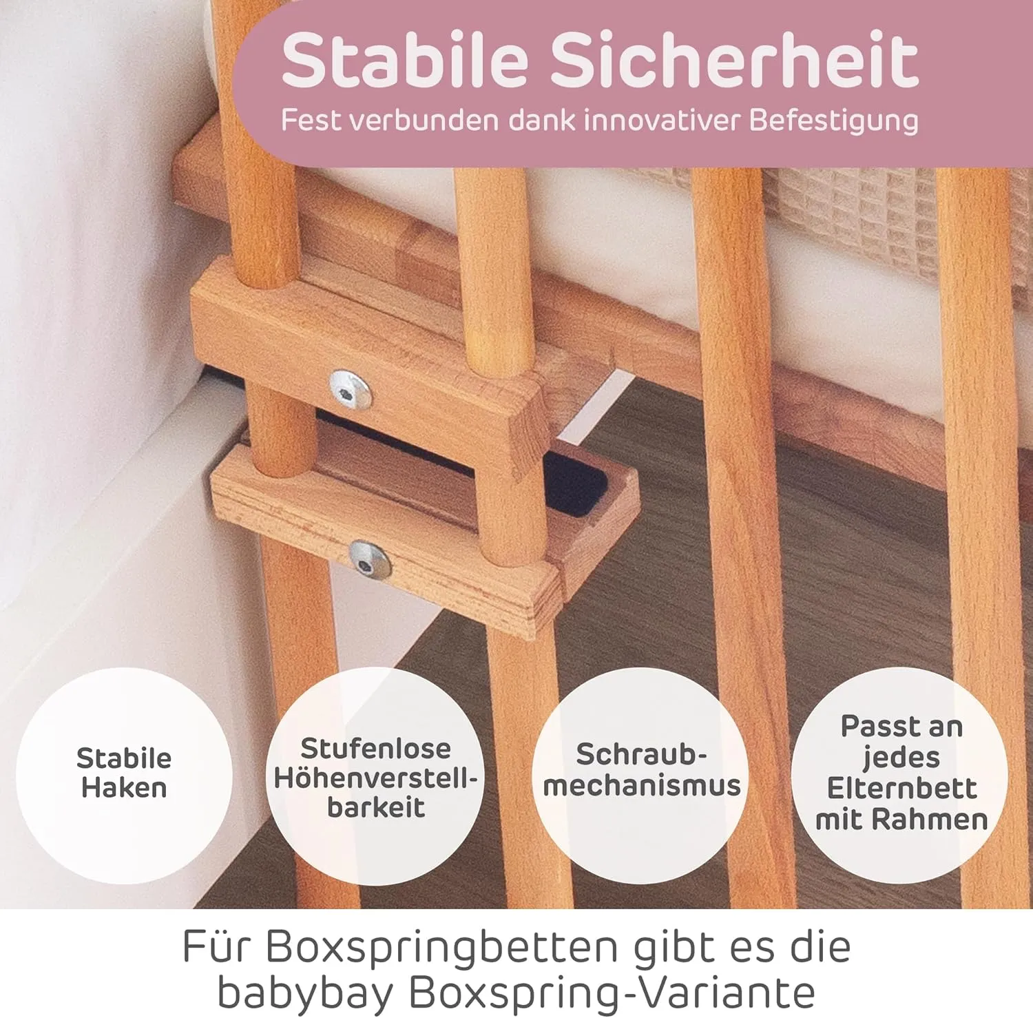 Maxi Extra Large Side Bed Made of Solid Beech Wood/Children's Bed Height Fully Adjustable & Environmentally Friendly/with Mattress, Grid, Wheels (Natural Varnish)