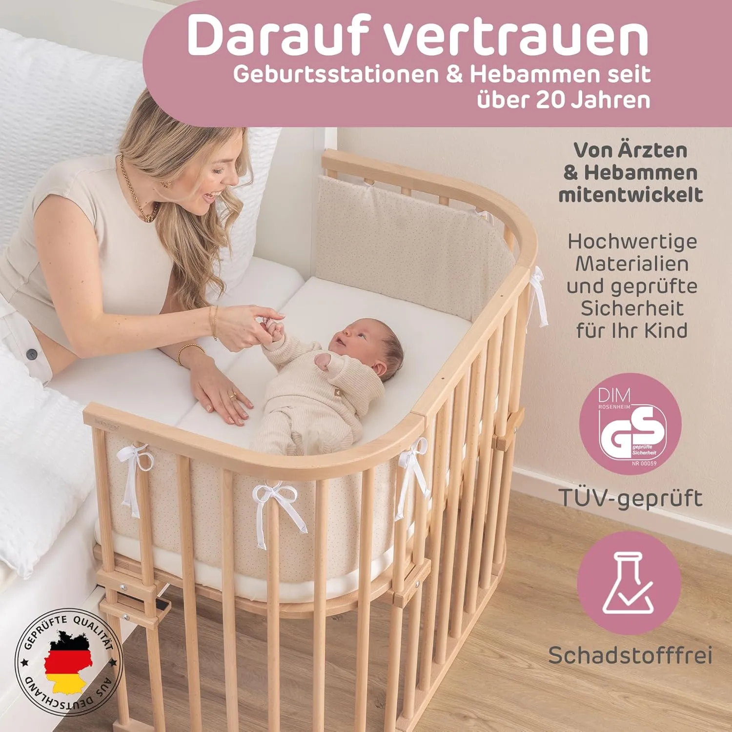 Maxi Extra Large Side Bed Made of Solid Beech Wood/Children's Bed Height Fully Adjustable & Environmentally Friendly/with Mattress, Grid, Wheels (Natural Varnish)