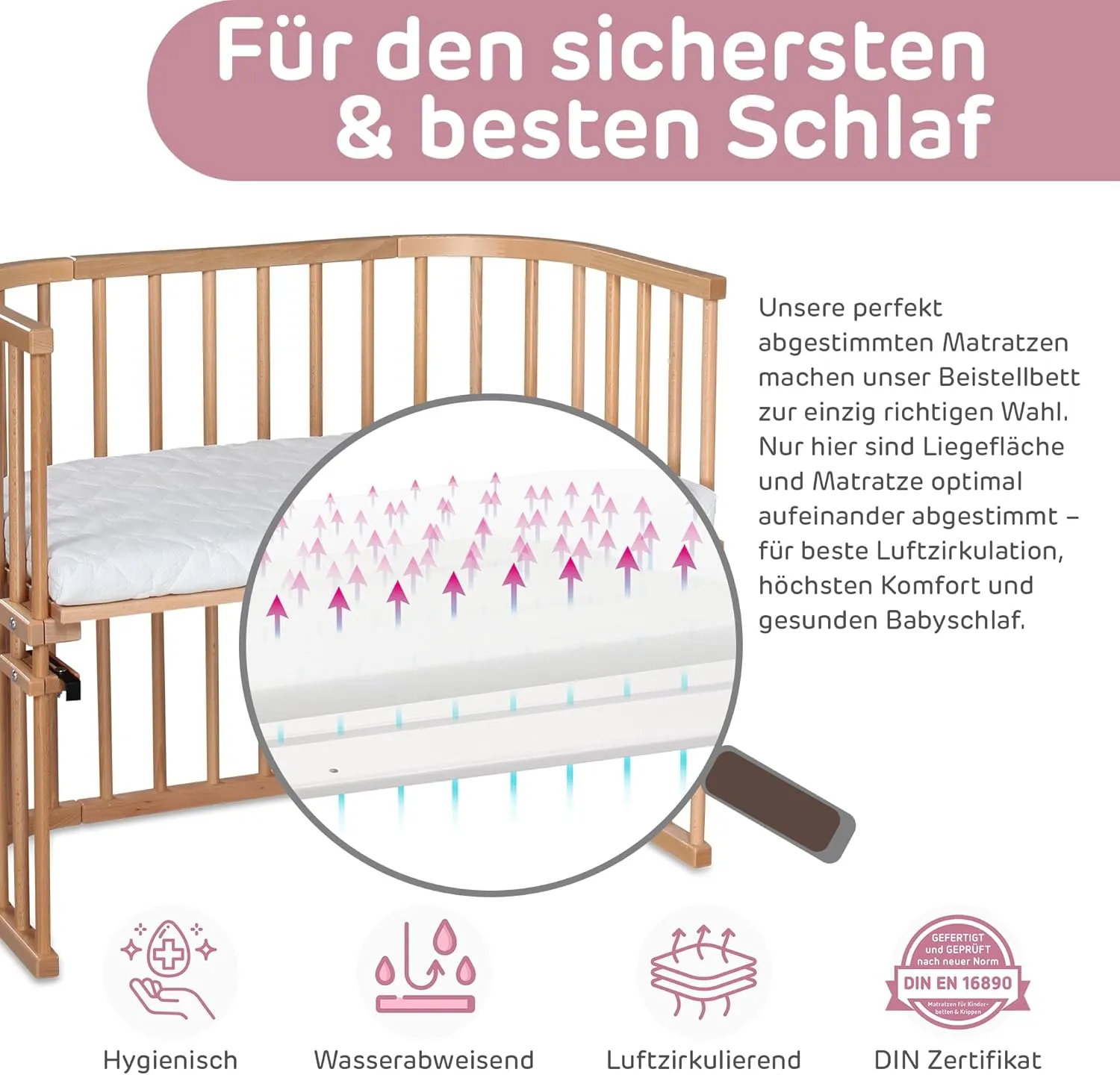 Maxi Extra Large Side Bed Made of Solid Beech Wood/Children's Bed Height Fully Adjustable & Environmentally Friendly/with Mattress, Grid, Wheels (Natural Varnish)
