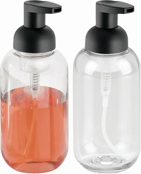 mDesign Round Plastic Refillable Foaming Soap Dispenser Pump Bottle for Kitchen Countertop and Sink - Vintage-Inspired, Compact Container Design - Twain Collection - 2 Pack - Clear/Matte Black