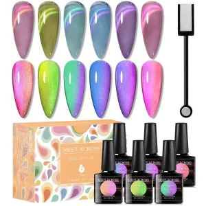 MEET ACROSS Glass Cat Eye Gel Polish Set, Colorful Magnetic Nail Polish with Magnet, Transparent Nail Polish, Soak Off UV Cateye Gel Polish Kit for Home DIY Manicure Varnish Art Design