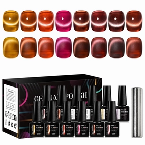 MEET ACROSS Amber Jelly Cat Eye Gel Nail Polish Set of 8 Colors Caramel Crystal Brown Shimmer Translucent Sheer Magnetic Nail Polish Kit with Base Top Coat and Magnet Gel Nail Art Manicure