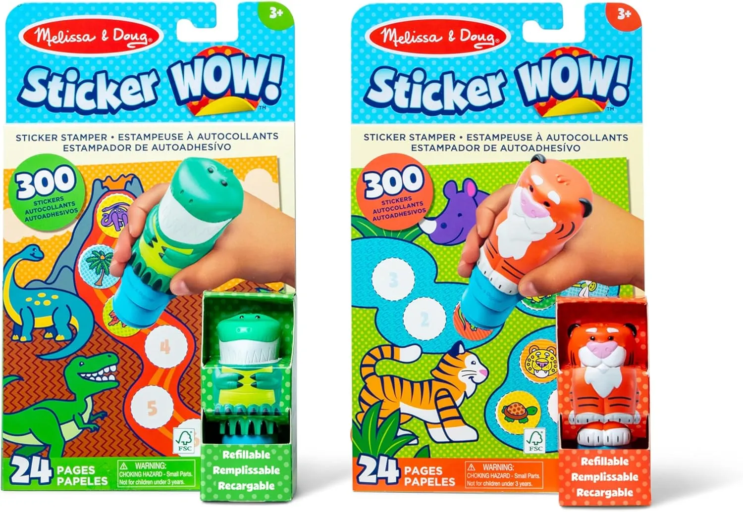 Melissa & Doug Sticker Wow!™ Dinosaur and Tiger Bundle: 2 24-Page Activity Pads, 2 Sticker Stampers, 600 Stickers, Arts and Crafts Fidget Toy Collectible Characters