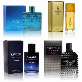 Men's Cologne 4PCS Combo Set (Savage EXT/Valentine Milano/Vintage Heroes/1 Billion) Eau De Perfume for Men Notes of Woody, Spicy, Citrus & Aromatic Long Lasting Fragrance