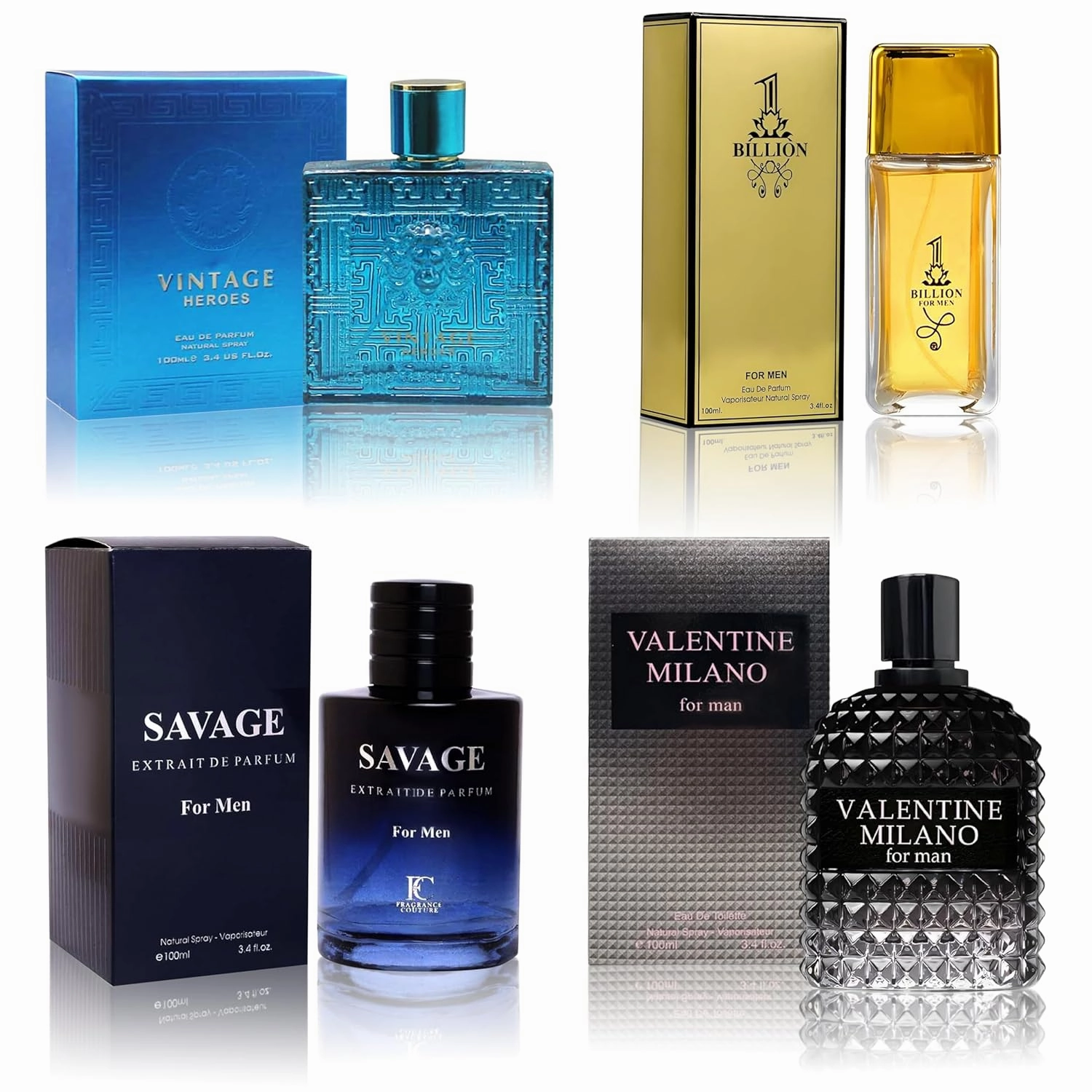 Men's Cologne 4PCS Combo Set (Savage EXT/Valentine Milano/Vintage Heroes/1 Billion) Eau De Perfume for Men Notes of Woody, Spicy, Citrus & Aromatic Long Lasting Fragrance