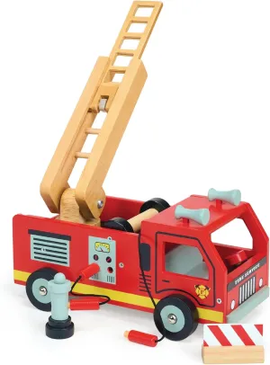 Mentari Toys - Red Fire Engine - Wooden Toy with Extendable Ladder and Wind-Up Hose - Interactive Truck for Imaginative Play - Boosts Fine Motor Skills and Problem-Solving in Toddlers - Age 3 