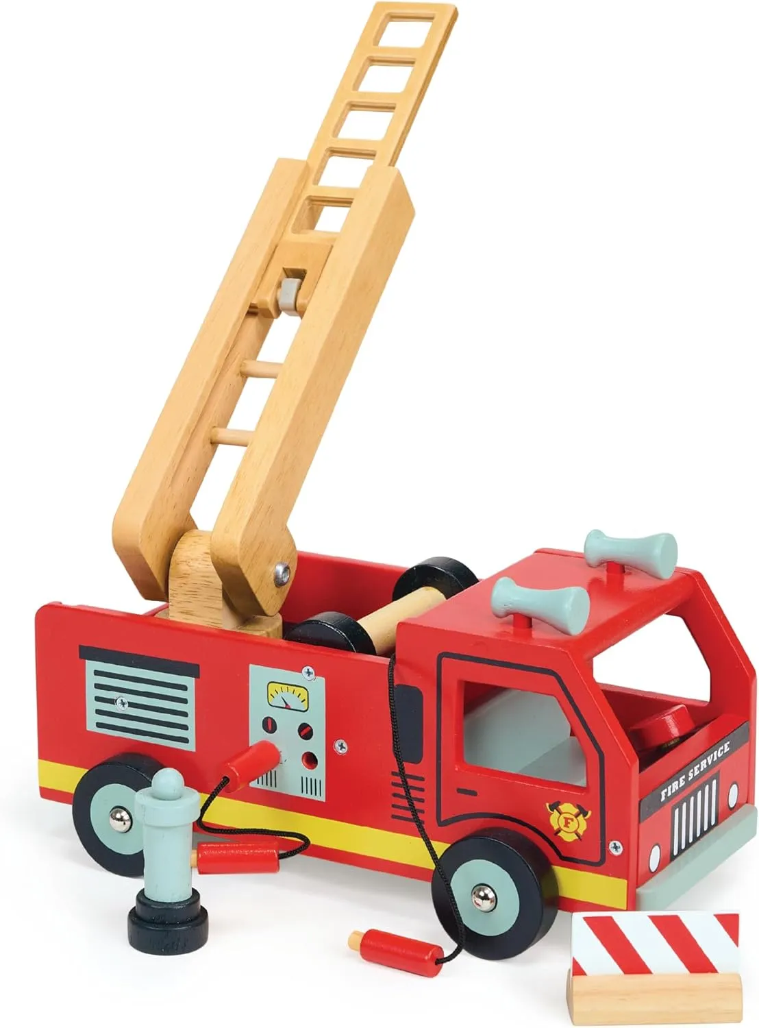 Mentari Toys - Red Fire Engine - Wooden Toy with Extendable Ladder and Wind-Up Hose - Interactive Truck for Imaginative Play - Boosts Fine Motor Skills and Problem-Solving in Toddlers - Age 3 