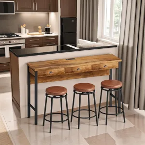 Merax 4 Piece Bar Table Set with Power Outlets, Breakfast Nook Dining Bar Table and Chairs Set with 3 Drawers, 3 Circular PU Stools for Living Room, Dining Room（Brown Black）