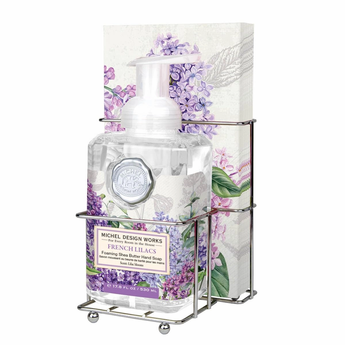 Michel Design Works Foaming Hand Soap & 15-Piece Napkin Set. French Lilacs, Beautiful Square Container with Pump