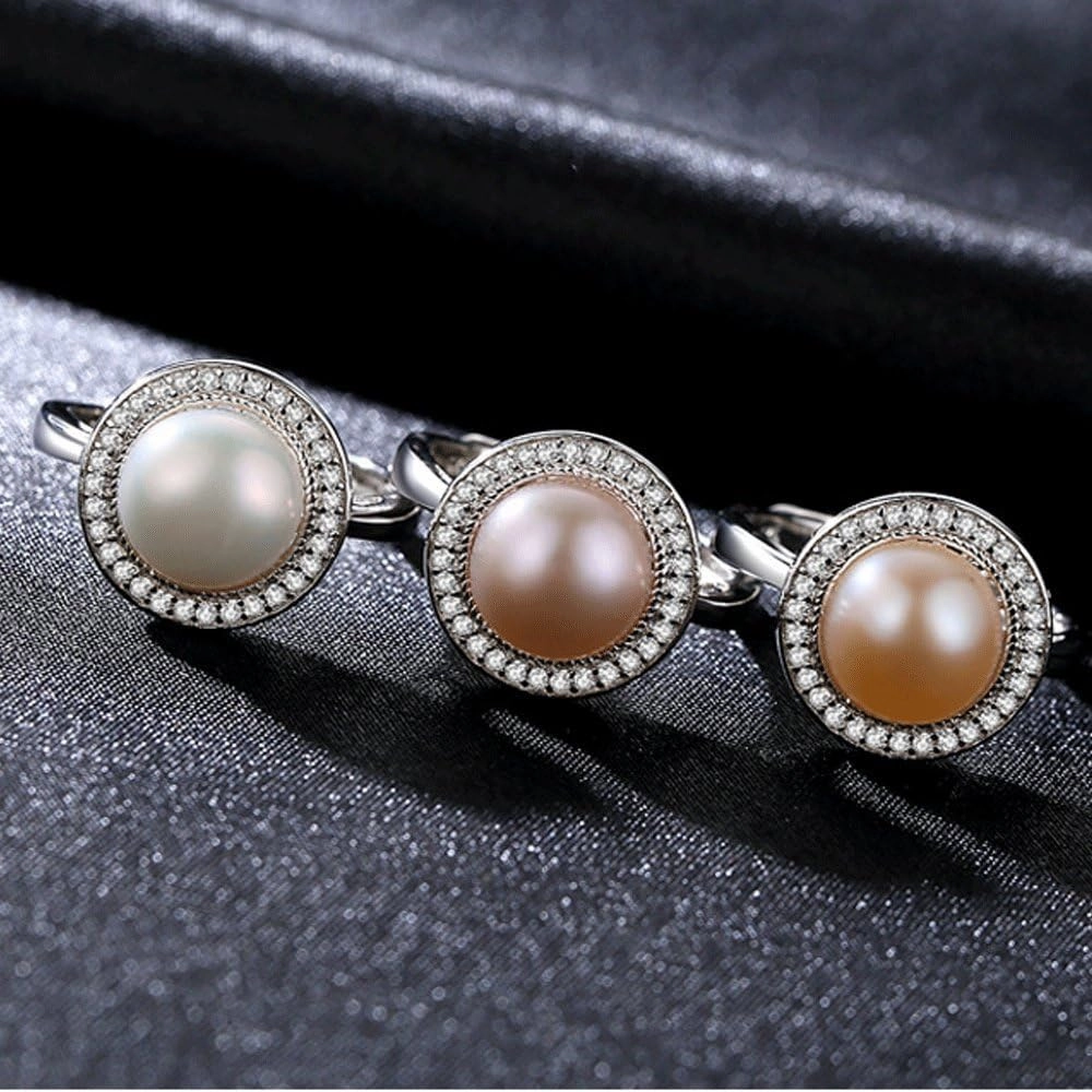 MIKAMU FreshWater Pearls Rings for Women S925 Sterling Silver CZ cubic zirconia Adjustable Open,9-9.5MM FreshWater Pearls Gift for Women or Your Love