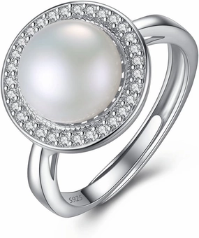 MIKAMU FreshWater Pearls Rings for Women S925 Sterling Silver CZ cubic zirconia Adjustable Open,9-9.5MM FreshWater Pearls Gift for Women or Your Love
