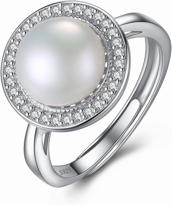 MIKAMU FreshWater Pearls Rings for Women S925 Sterling Silver CZ cubic zirconia Adjustable Open,9-9.5MM FreshWater Pearls Gift for Women or Your Love