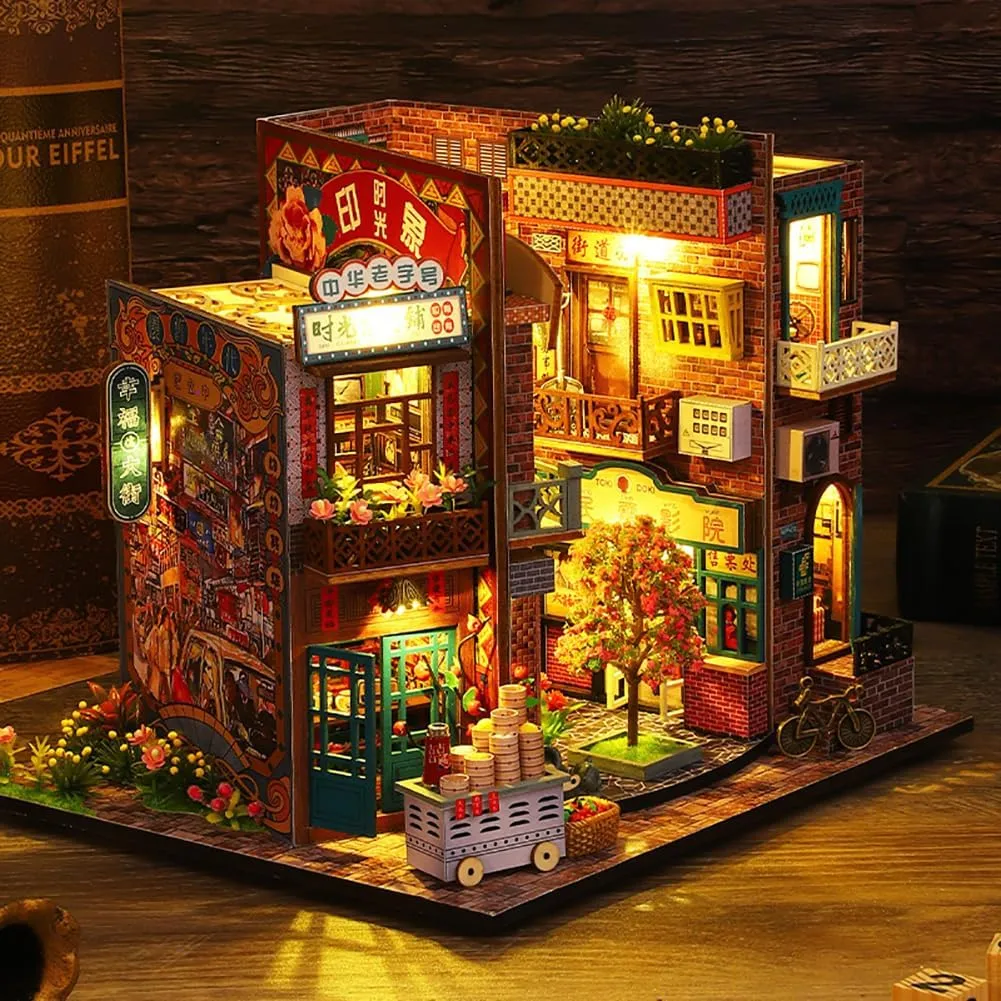 Mini 3D Wooden Doll House Craft Model with Dust Proof Cover and Music Movement,DIY Miniature and Furniture Dollhouse Kit,Creative Room Idea for Valentine's Day Birthday Gift (Time Stamp)