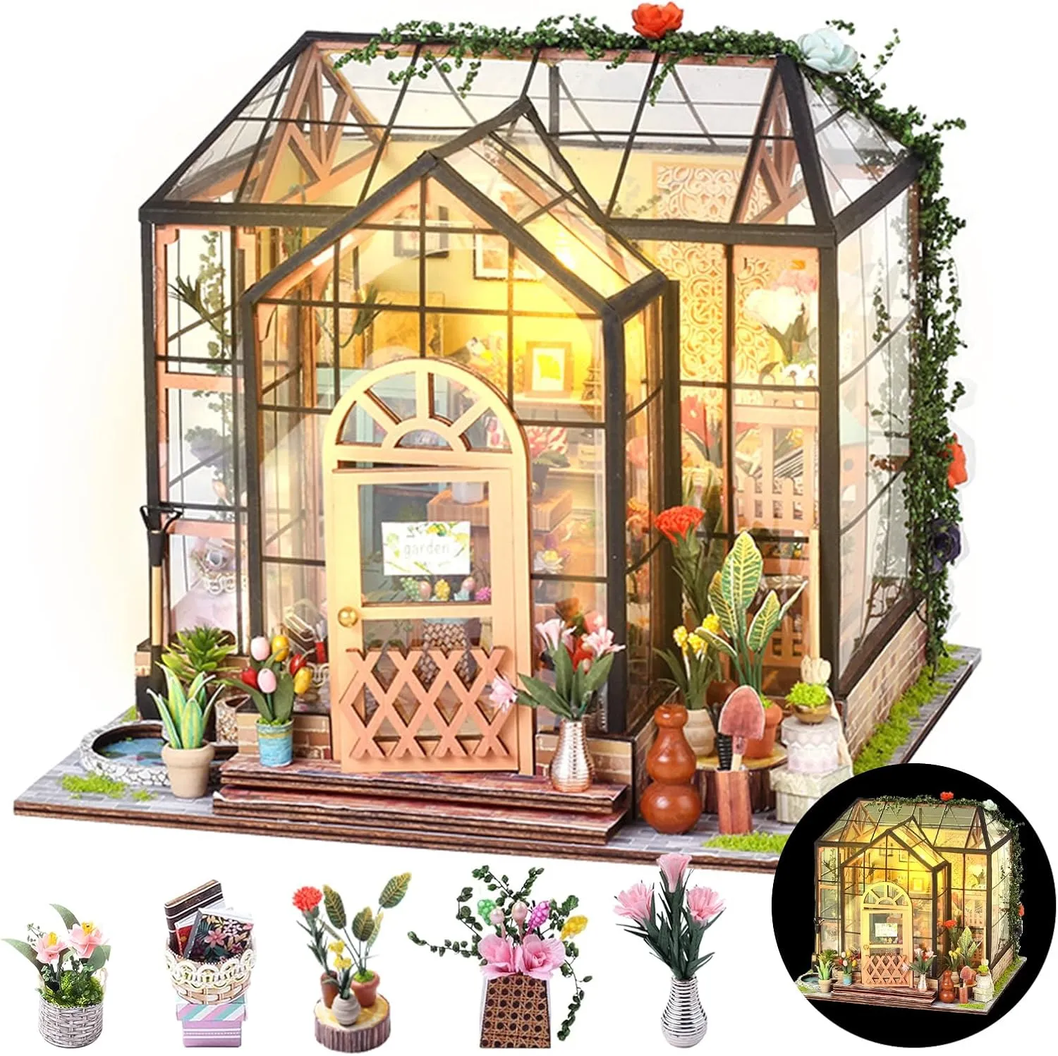 Miniature House Kits,DIY Miniature House Kit Greenhouse,Tiny House Kit for Adults,3D Wooden Bookends Puzzle with Furniture & LED,Christmas Decorations Gifts for Family and Friends