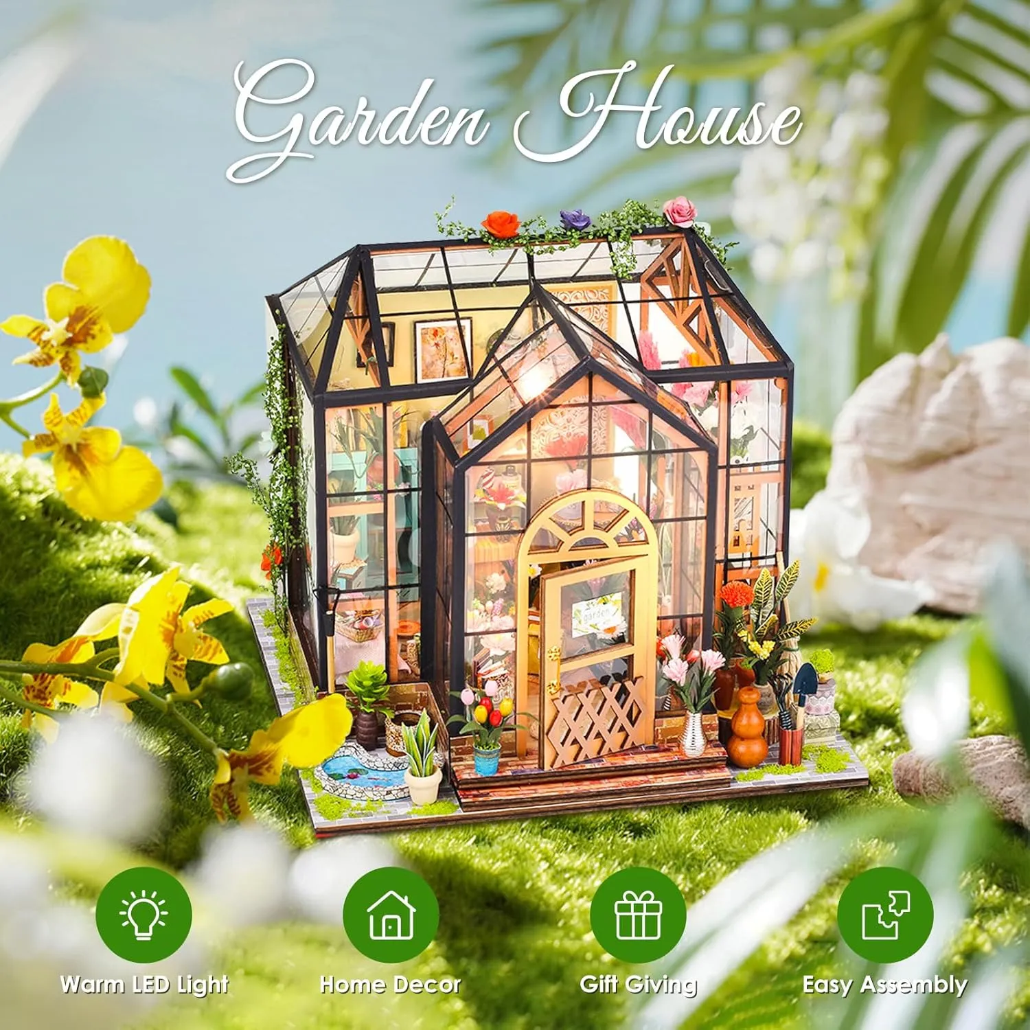 Miniature House Kits,DIY Miniature House Kit Greenhouse,Tiny House Kit for Adults,3D Wooden Bookends Puzzle with Furniture & LED,Christmas Decorations Gifts for Family and Friends