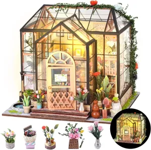 Miniature House Kits,DIY Miniature House Kit Greenhouse,Tiny House Kit for Adults,3D Wooden Bookends Puzzle with Furniture & LED,Christmas Decorations Gifts for Family and Friends