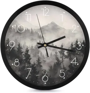 Misty Fog Pine Tree Forest Wall Clock 10 Inch Silent Non-ticking Battery Operated Decorative Clock for Kitchen Bedroom