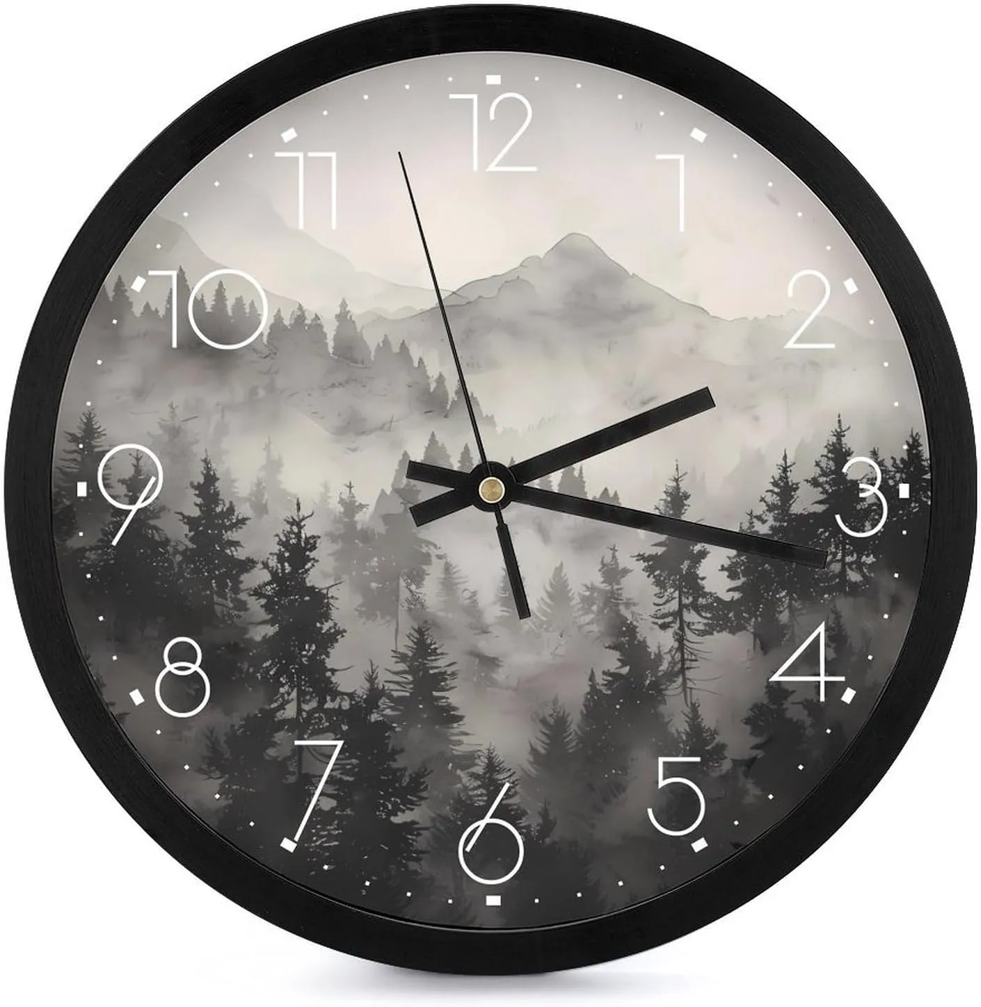 Misty Fog Pine Tree Forest Wall Clock 10 Inch Silent Non-ticking Battery Operated Decorative Clock for Kitchen Bedroom