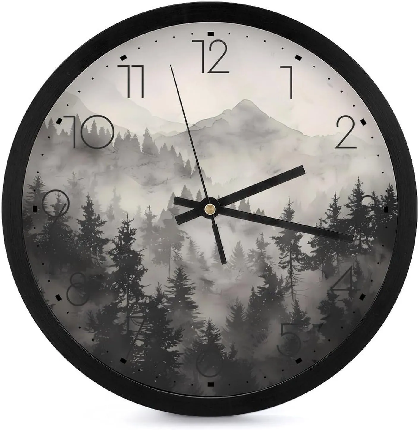 Misty Fog Pine Tree Forest Wall Clock 10 Inch Silent Non-ticking Battery Operated Decorative Clock for Kitchen Bedroom