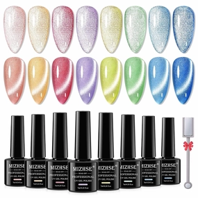 MIZHSE Cat Eye Gel Nail Polish: 8 Colors Smoothie Magnetic Gel Polish Kit with Magnet Stick, Shimmery Glitter Neon Colors Green Yellow Blue Soak Off Nail Art Salon Home Manicure Women Gift
