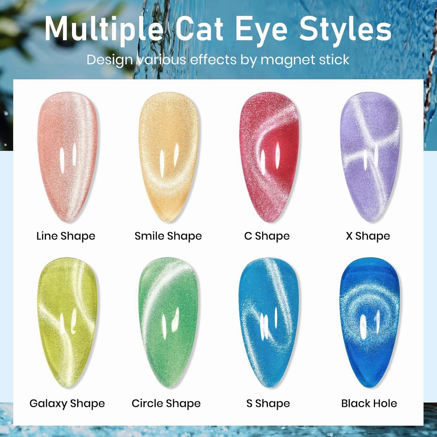 MIZHSE Cat Eye Gel Nail Polish: 8 Colors Smoothie Magnetic Gel Polish Kit with Magnet Stick, Shimmery Glitter Neon Colors Green Yellow Blue Soak Off Nail Art Salon Home Manicure Women Gift