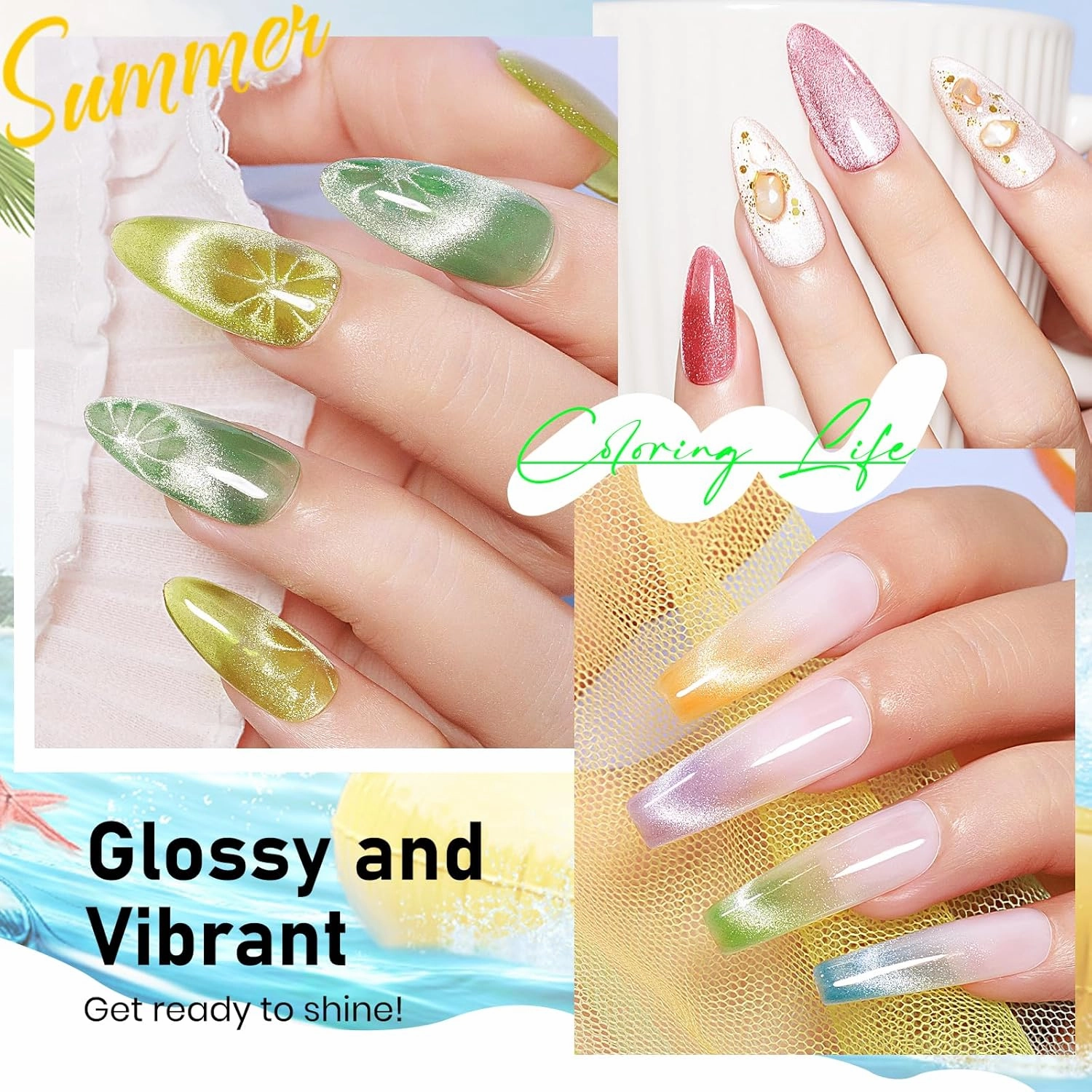 MIZHSE Cat Eye Gel Nail Polish: 8 Colors Smoothie Magnetic Gel Polish Kit with Magnet Stick, Shimmery Glitter Neon Colors Green Yellow Blue Soak Off Nail Art Salon Home Manicure Women Gift