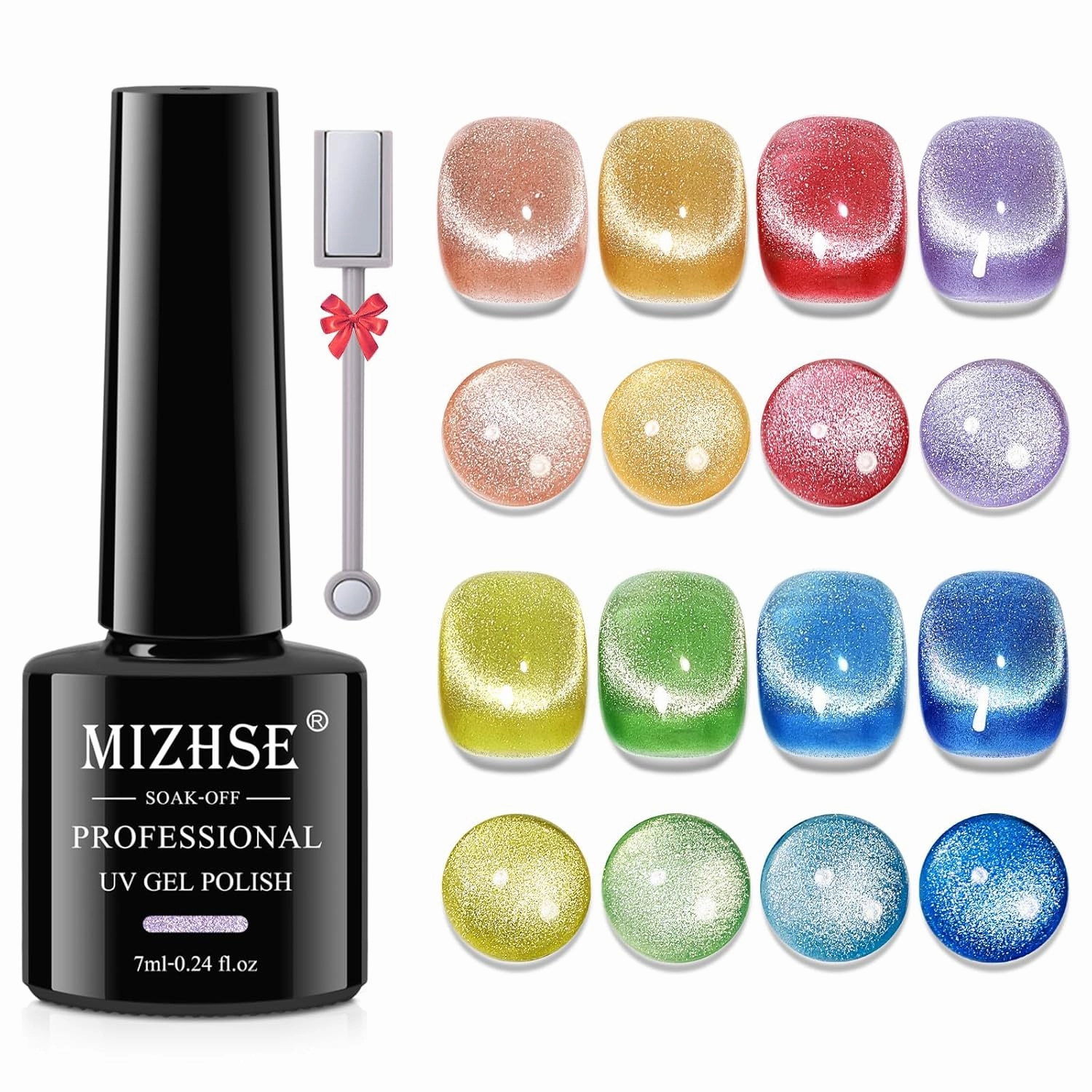 MIZHSE Cat Eye Gel Nail Polish: 8 Colors Smoothie Magnetic Gel Polish Kit with Magnet Stick, Shimmery Glitter Neon Colors Green Yellow Blue Soak Off Nail Art Salon Home Manicure Women Gift