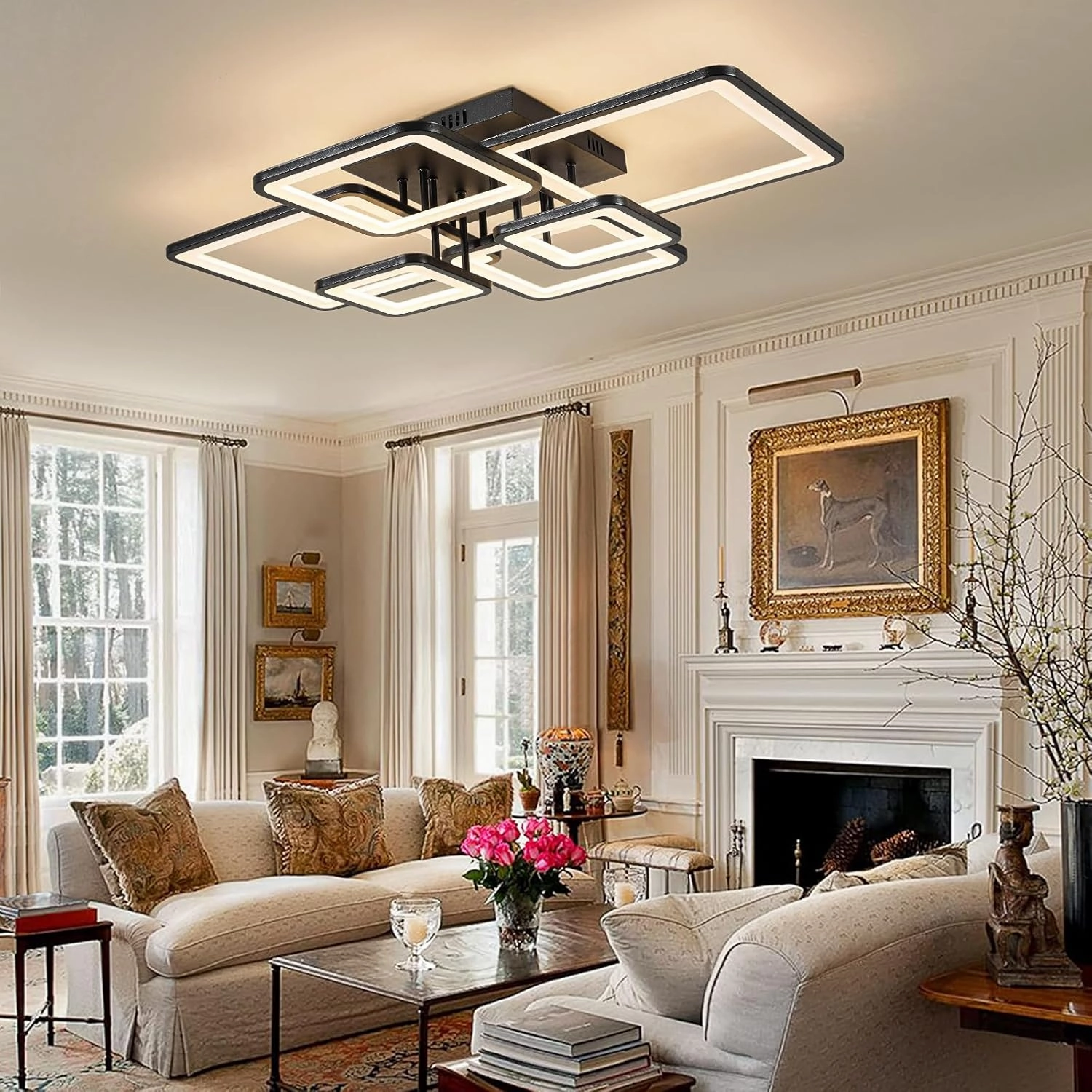 Modern LED Ceiling Light Fixture Black Kitchen Lighting Fixtures Ceiling for Bedroom 31.5" Dimmable 6 Ring Square Ceiling Light for Kitchen with Remote Control for Living Room,Dining Room