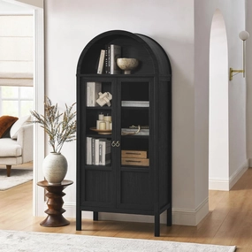 Modway Tessa Arched 71 Inch Tall Arched Storage Display Cabinet in Black Wood Grain - 4-Tier Bookcase with Glass Doors and Shelves - Arch Accent Cabinet for Living Room, Dining Room