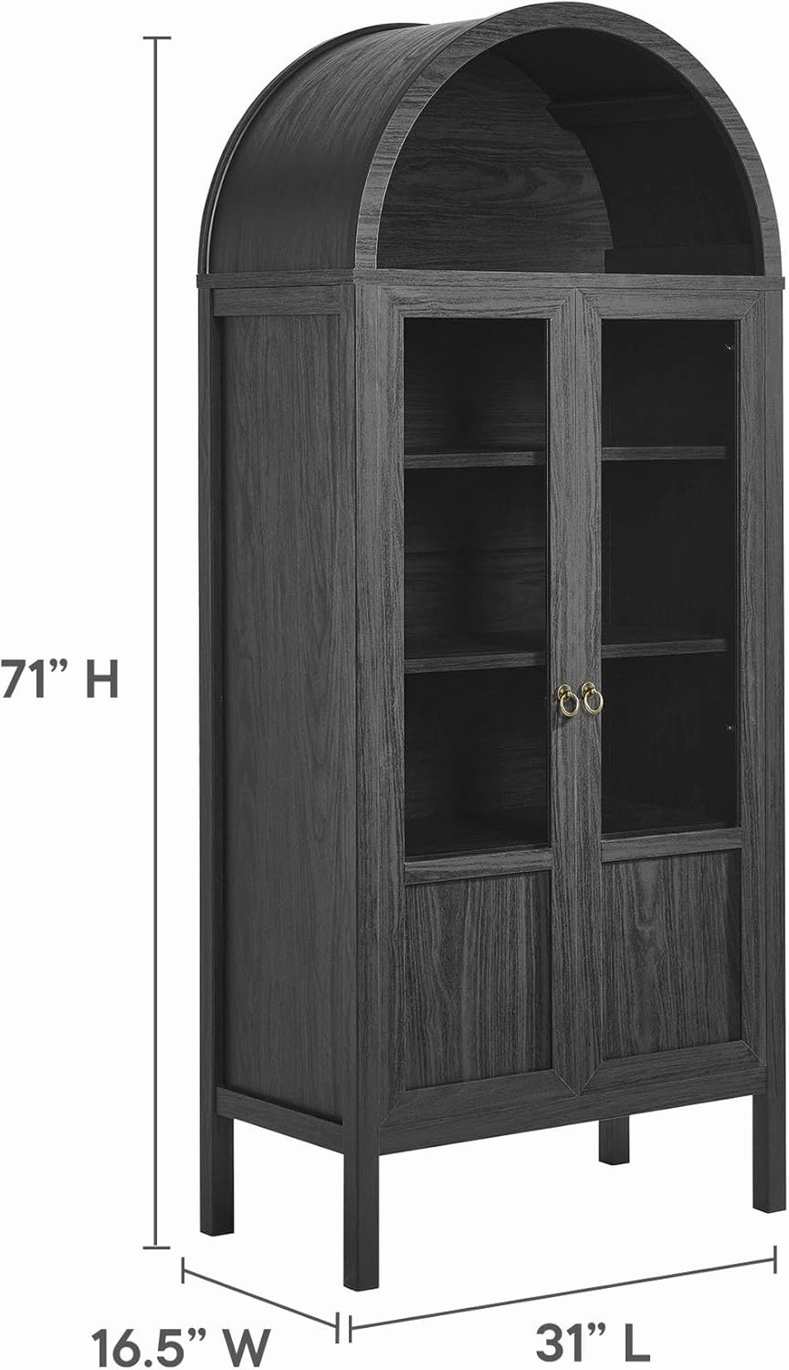 Modway Tessa Arched 71 Inch Tall Arched Storage Display Cabinet in Black Wood Grain - 4-Tier Bookcase with Glass Doors and Shelves - Arch Accent Cabinet for Living Room, Dining Room