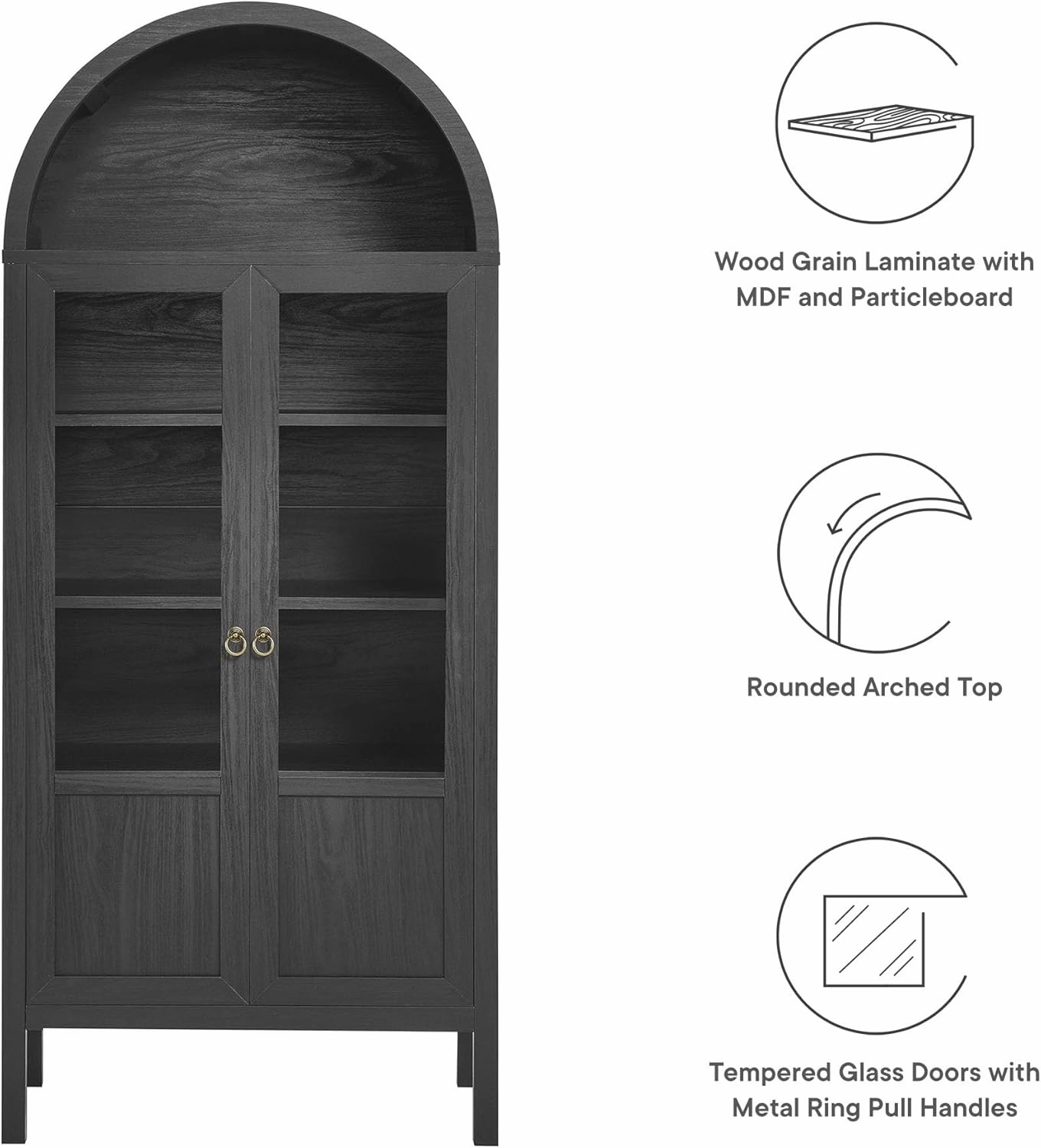 Modway Tessa Arched 71 Inch Tall Arched Storage Display Cabinet in Black Wood Grain - 4-Tier Bookcase with Glass Doors and Shelves - Arch Accent Cabinet for Living Room, Dining Room
