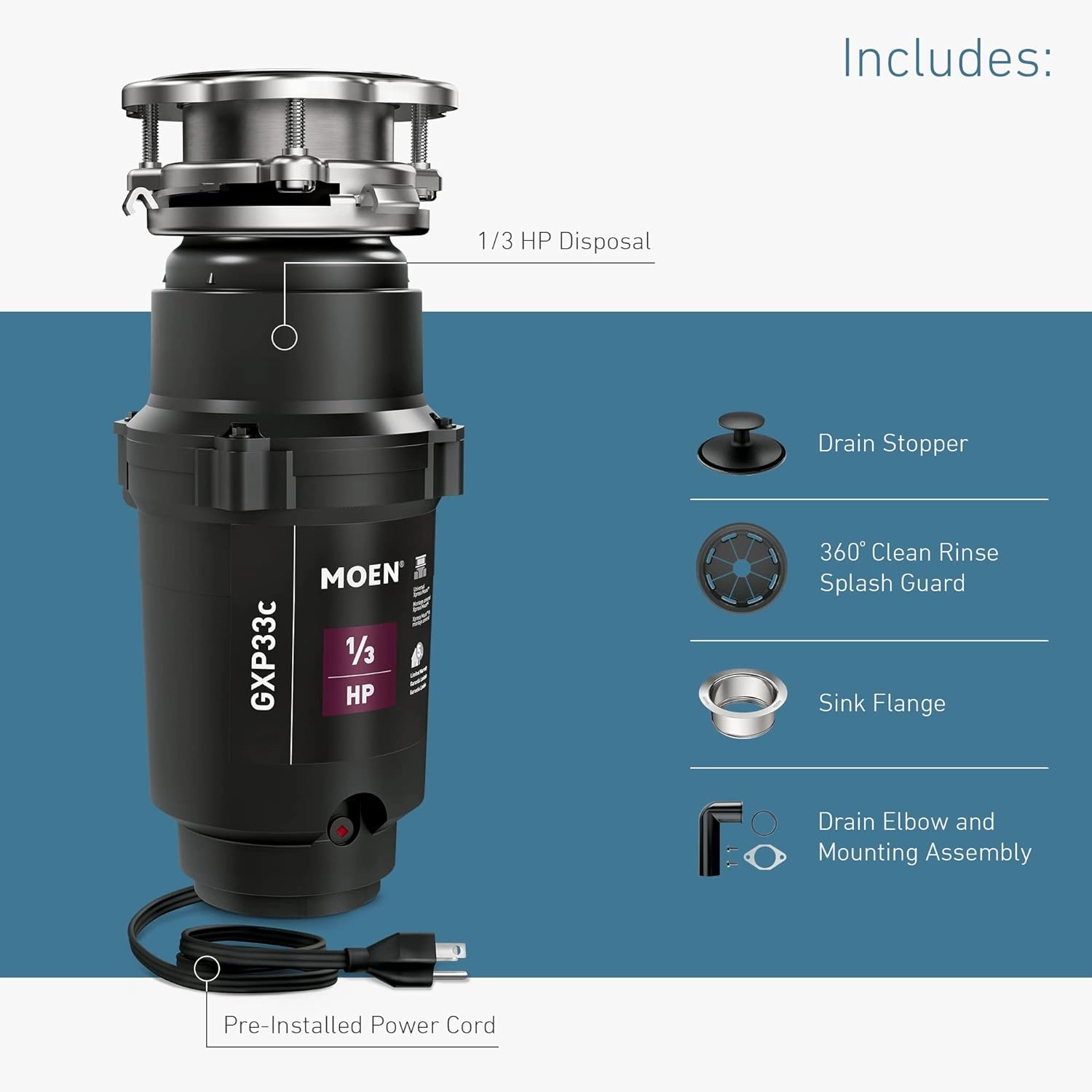 Moen GXP33C Lite Series PRO 1/3 HP Continuous Feed Garbage Disposal, Power Cord Included, Black