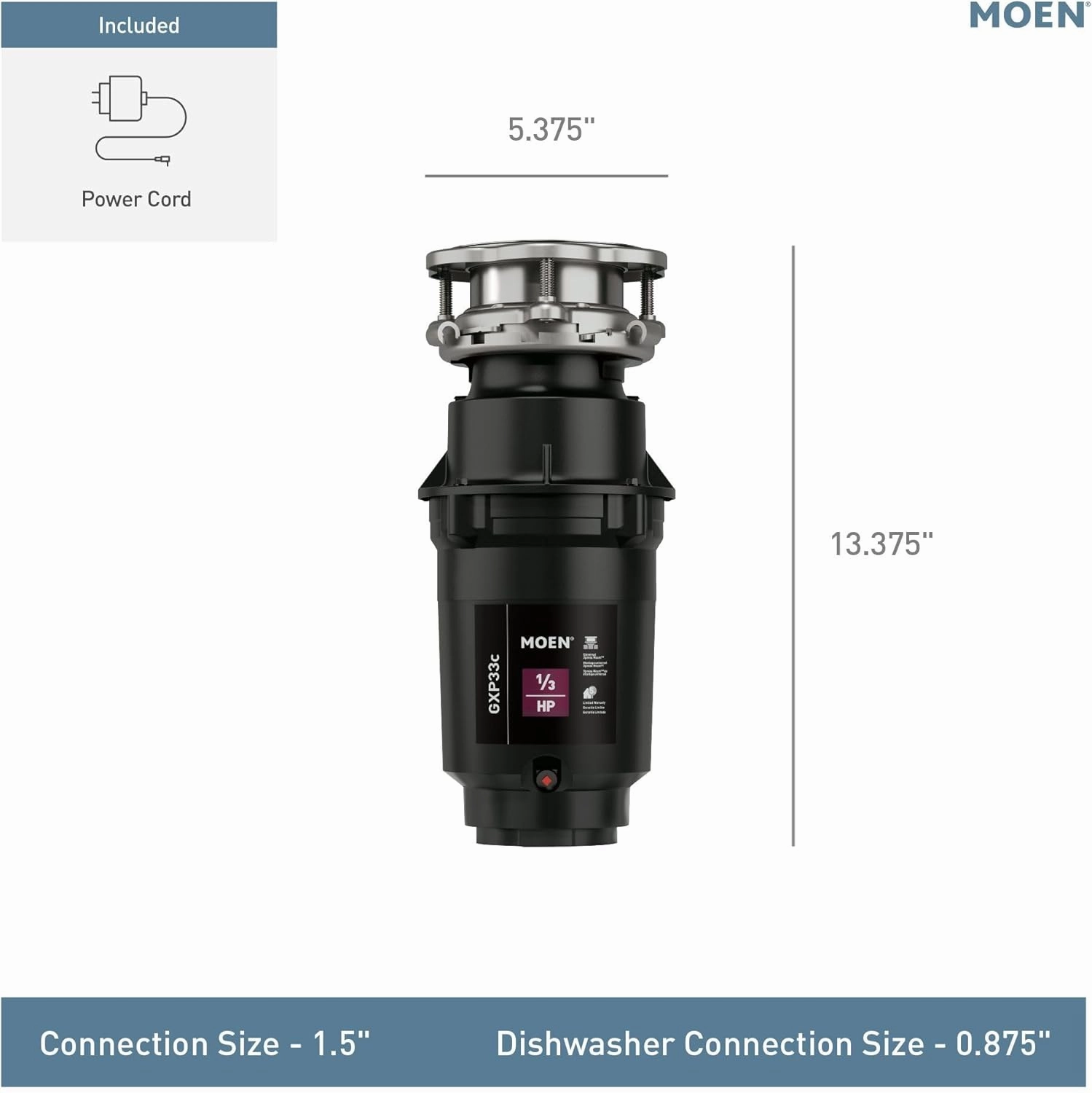 Moen GXP33C Lite Series PRO 1/3 HP Continuous Feed Garbage Disposal, Power Cord Included, Black