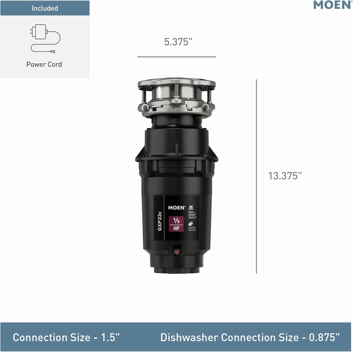 Moen GXP33C Lite Series PRO 1/3 HP Continuous Feed Garbage Disposal, Power Cord Included, Black