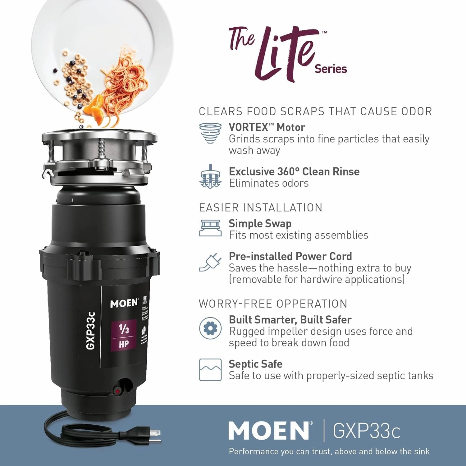 Moen GXP33C Lite Series PRO 1/3 HP Continuous Feed Garbage Disposal, Power Cord Included, Black