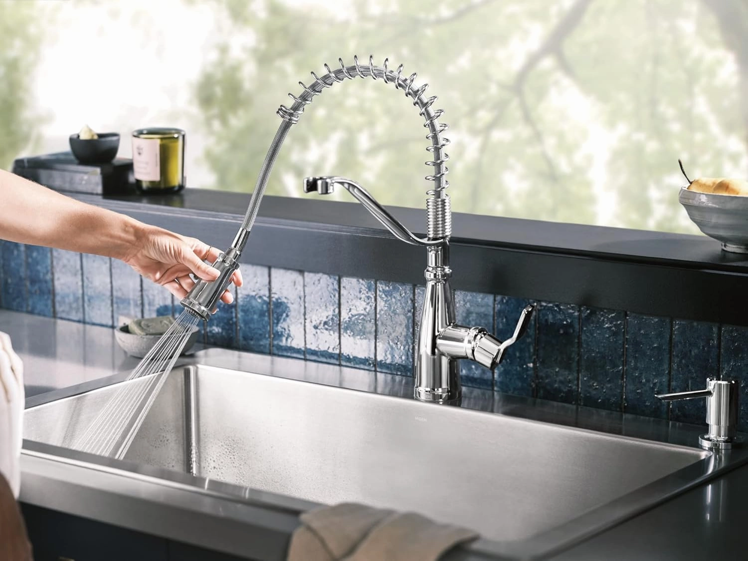 Moen Nolia Chrome One-Handle Pre-Rinse Spring Kitchen Faucet with Pull Down Sprayer, Single Hole Kitchen Sink Faucet with Soap Dispenser, 87886