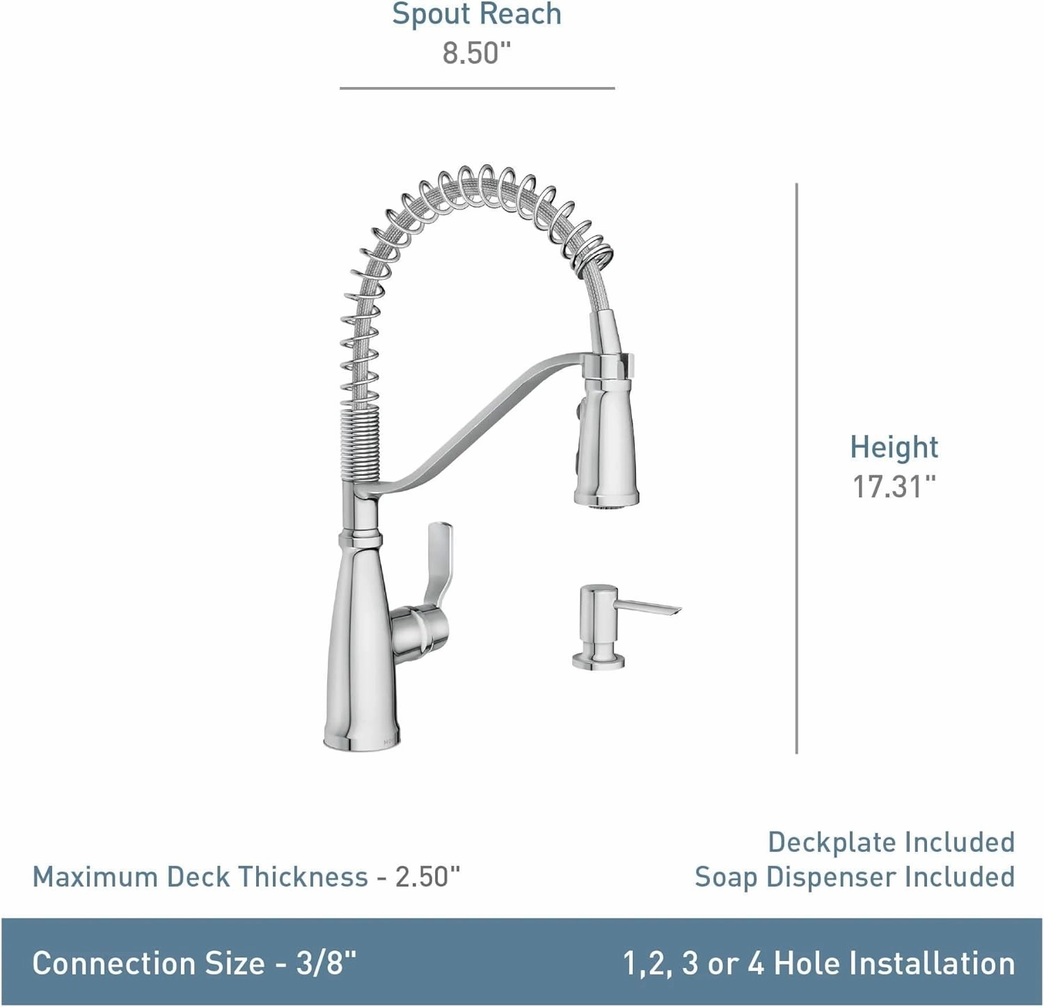 Moen Nolia Chrome One-Handle Pre-Rinse Spring Kitchen Faucet with Pull Down Sprayer, Single Hole Kitchen Sink Faucet with Soap Dispenser, 87886