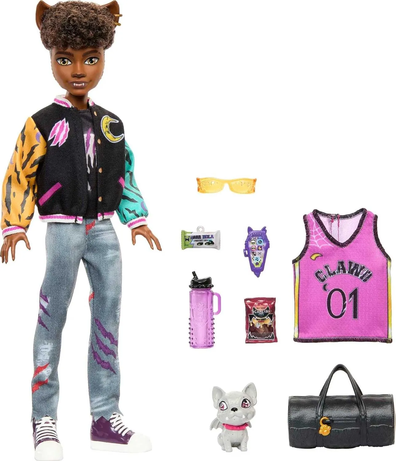 Monster High Doll, Clawd Wolf Werewolf with Pet Gargoyle Bulldog & Themed Accessories, Includes Casketball Jersey & Bag