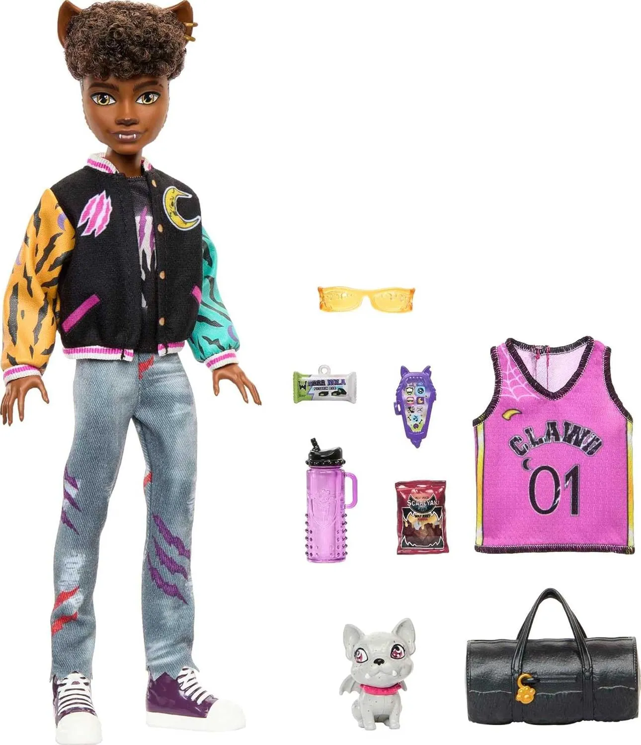 Monster High Doll, Clawd Wolf Werewolf with Pet Gargoyle Bulldog & Themed Accessories, Includes Casketball Jersey & Bag