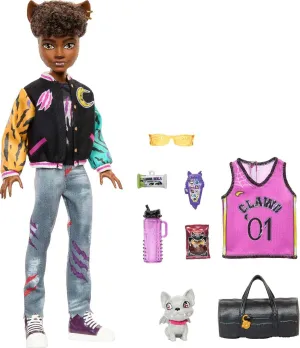 Monster High Doll, Clawd Wolf Werewolf with Pet Gargoyle Bulldog & Themed Accessories, Includes Casketball Jersey & Bag